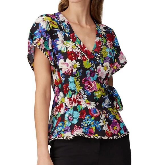 Nanette Lepore Black Multicolor Floral Boquet Wrap Top 6 - Picture 2 of 6